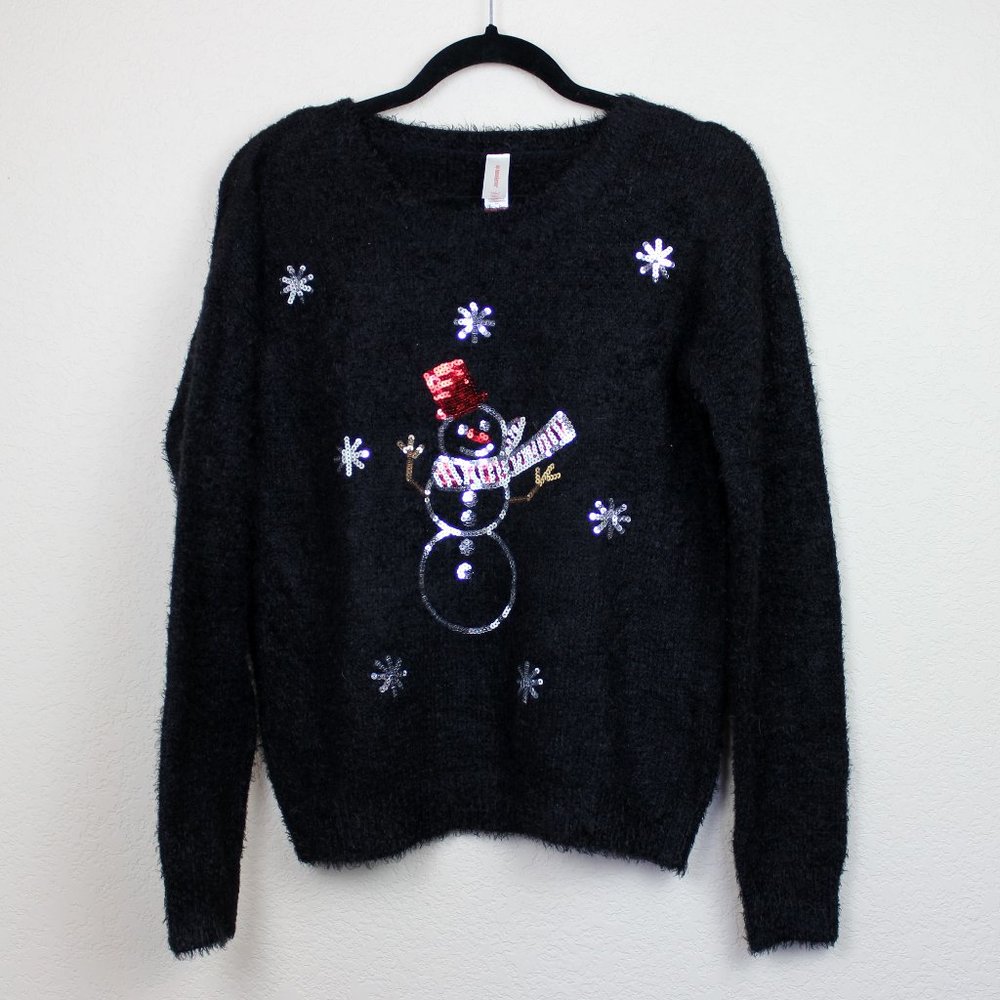 Fuzzy Black Snowman Christmas Sweater Sequin Holiday Pullover M
